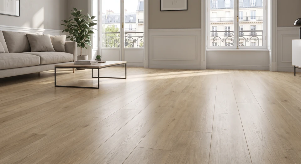 Intérieur d'une pièce d'habitation (salon ou cuisine) avec un revêtement de sol souple PVC de couleur claire ou avec motif bois, avec vue d'ensemble montrant la qualité esthétique du rendu, la régularité de la pose et l'intégration harmonieuse dans l'espace. L'image doit valoriser l'aspect pratique et beau du matériau posé dans un contexte résidentiel actuel et chaleureux.