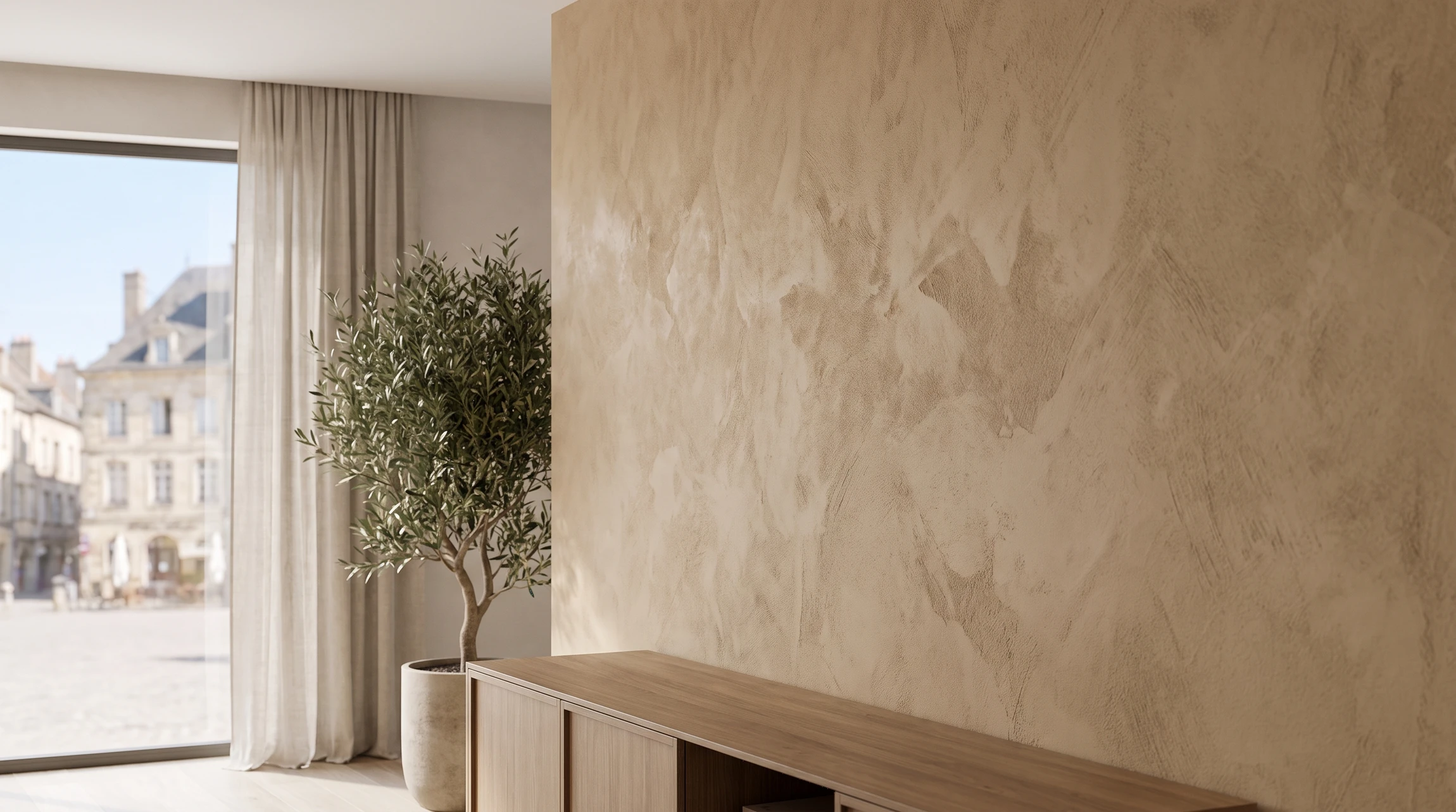 Photographie d'un intérieur contemporain mettant en avant un mur appliqué avec un enduit décoratif présentant une belle texture et du relief (enduit taloché, stucco, enduit minéral ou effet similaire). Le mur en enduit décoratif doit être clairement visible en lumière naturelle ou bien éclairé pour faire ressortir la profondeur et la matérialité de la finition. La composition peut inclure un portion de mobilier épuré ou d'autres éléments de décoration pour contextualiser l'intérieur, mais le focus principal doit être sur la beauté et le relief de l'enduit décoratif.