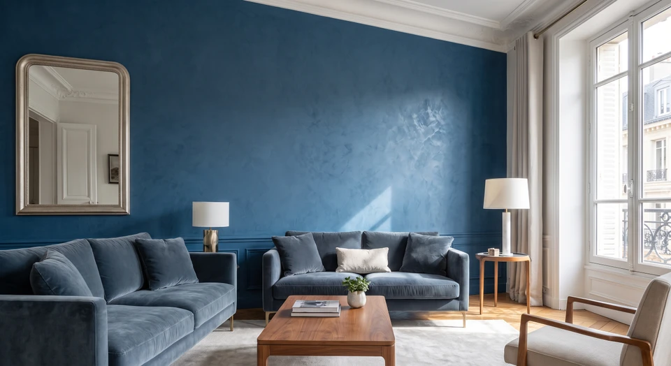 Photographie réelle d'un salon ou d'une pièce à vivre à la décoration soignée, mettant en avant des murs aux finitions décoratives haut de gamme (peinture de couleur riche, enduit décoratif, ou technique de peinture raffinée), avec un mobilier élégant et un éclairage valorisant. L'image doit montrer un intérieur harmonieux où les murs jouent un rôle central dans l'esthétique globale, incarnant le potentiel esthétique et la transformation qu'apporte Nos Couleurs aux espaces intérieurs.