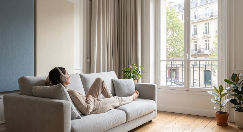 Photographie d'un intérieur résidentiel moderne et apaisé : un salon ou chambre bien aménagé avec une personne détente (assise sur un canapé ou lit, dans une posture relaxée, écoutant de la musique avec des écouteurs ou simplement en détente), l'espace est lumineux avec des matériaux acoustiques visibles (panneaux muraux, rideaux épais, sol apaisé), ambiance calme et sereine reflétant le bien-être et la tranquillité retrouvée grâce à l'isolation phonique, sans texte ni logo visible.