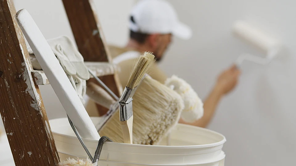 Artisan peintre en bâtiment appliquant un enduit ou une peinture sur mur intérieur avec pinceau large