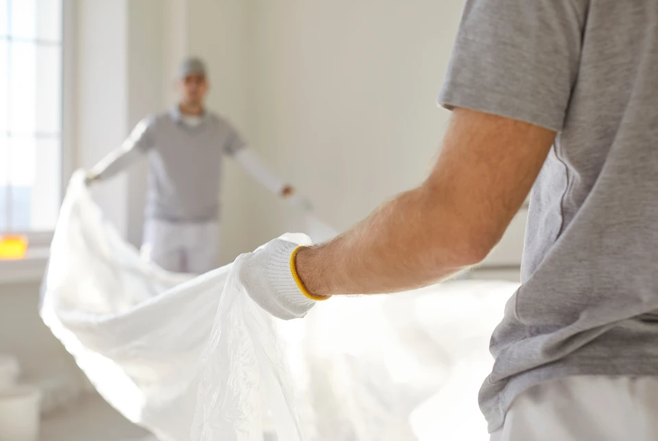 Un homme en tenue de travail bleue tenant un rouleau de peinture jaune, la main derrière la tête dans une pose réfléchie