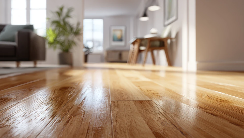 Une personne applique un produit de finition sur un parquet en bois massif à motif point de Hongrie avec un pinceau plat à manche rouge